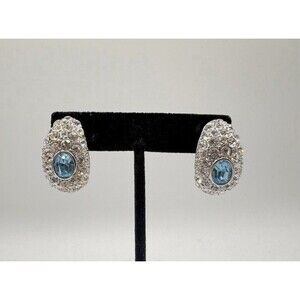 Nolan Miller Clip-On Earrings Light Blue Rhinestone Crystal Glam Designer Rare
